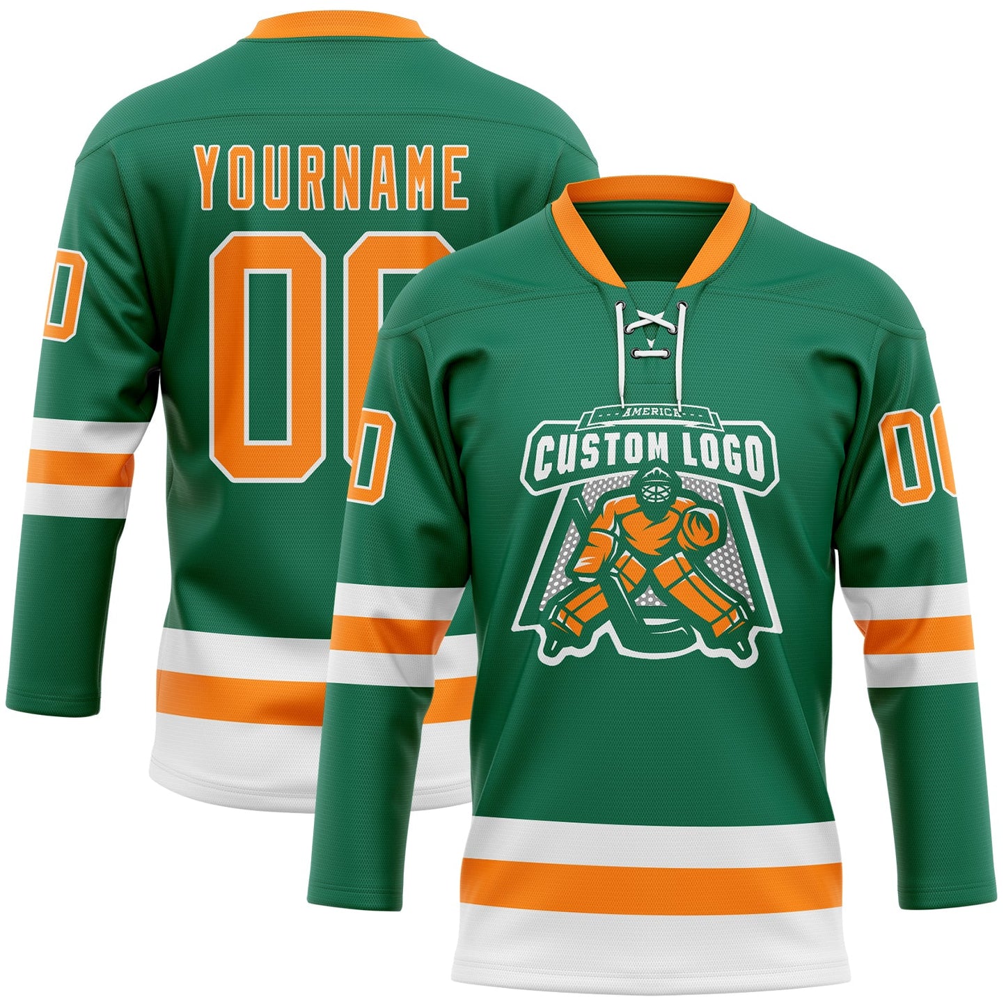 Custom Kelly Green Bay Orange-White Hockey Lace Neck Jersey view 2