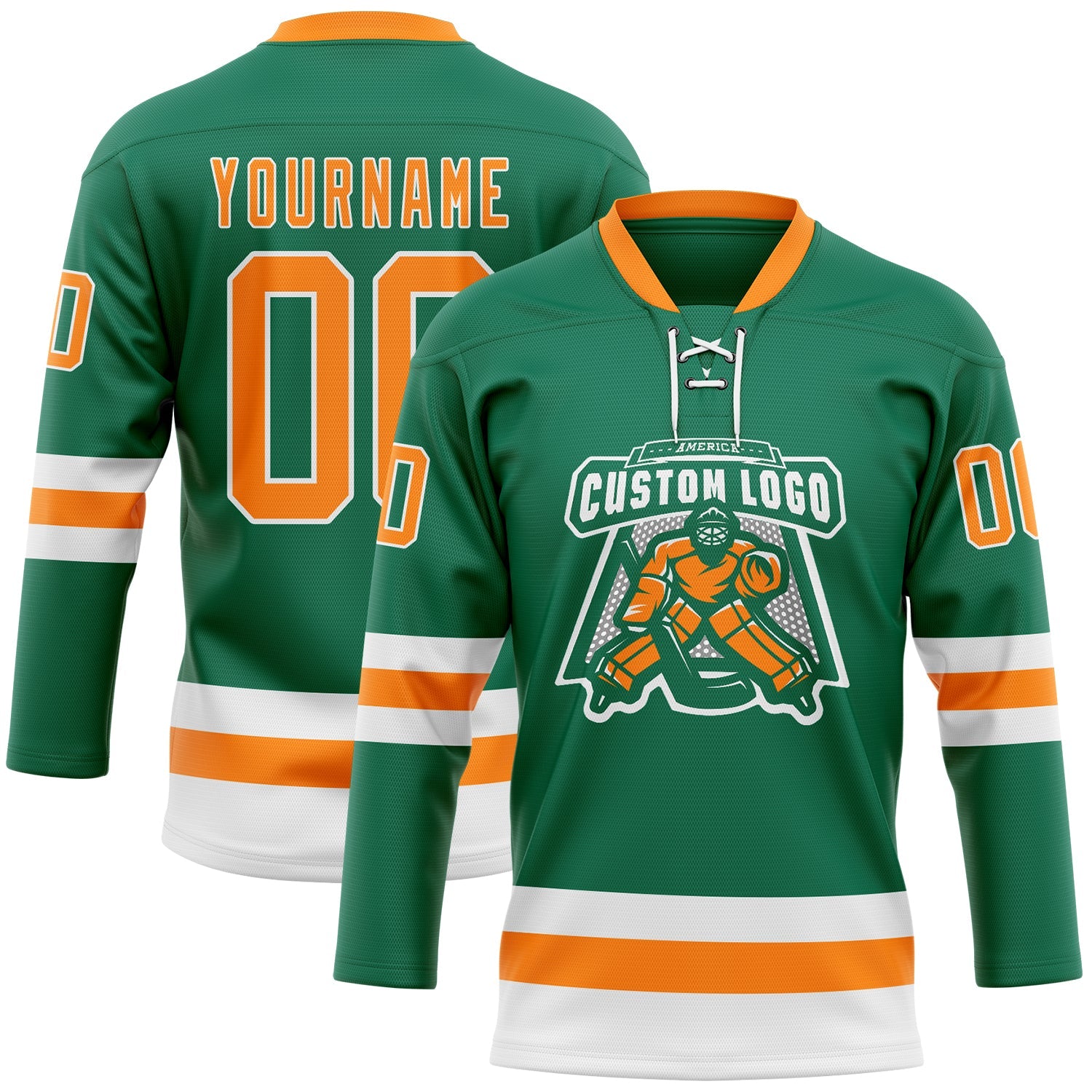 Custom Kelly Green Bay Orange-White Hockey Lace Neck Jersey view 2