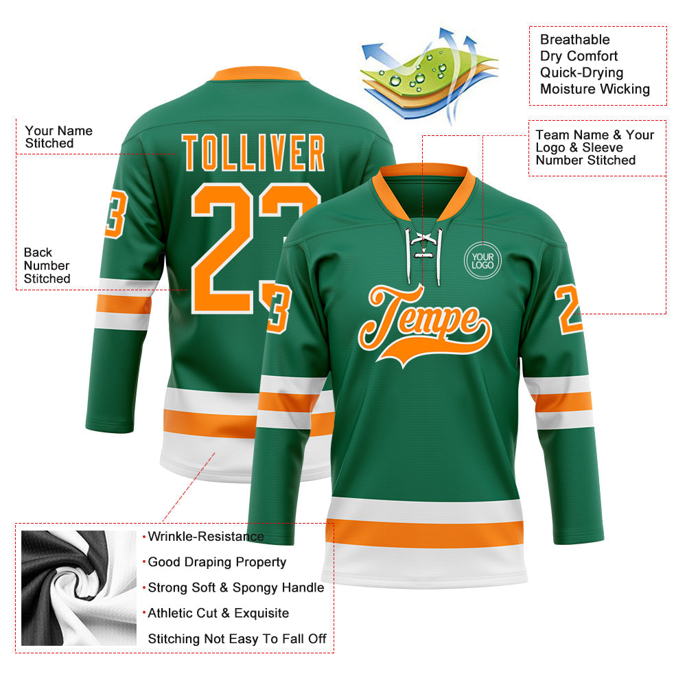 Custom Kelly Green Bay Orange-White Hockey Lace Neck Jersey view 3