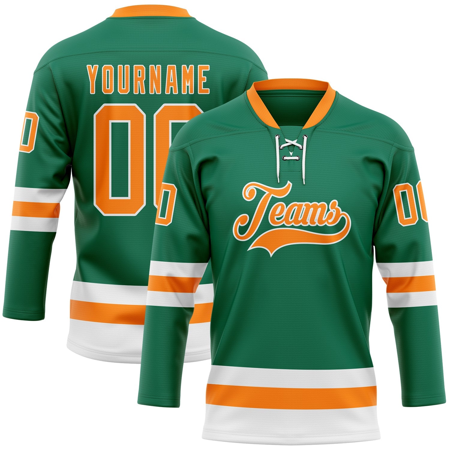 Custom Kelly Green Bay Orange-White Hockey Lace Neck Jersey - Main View