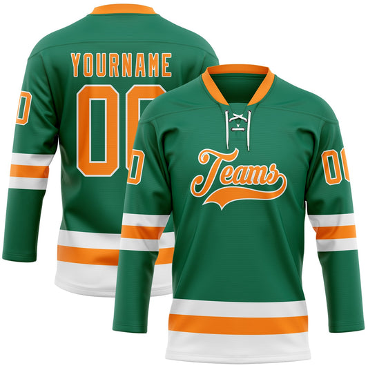 Custom Kelly Green Bay Orange-White Hockey Lace Neck Jersey - Main View