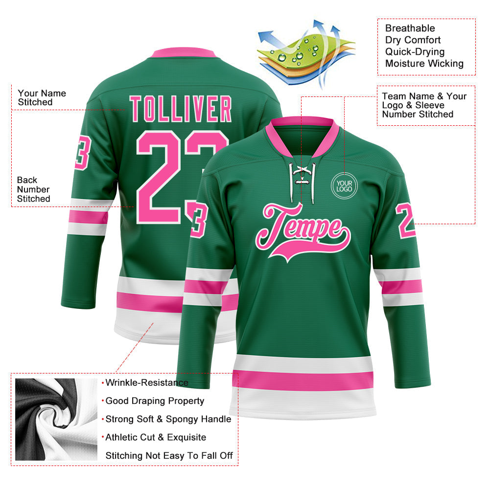 Custom Kelly Green Pink-White Hockey Lace Neck Jersey view 3