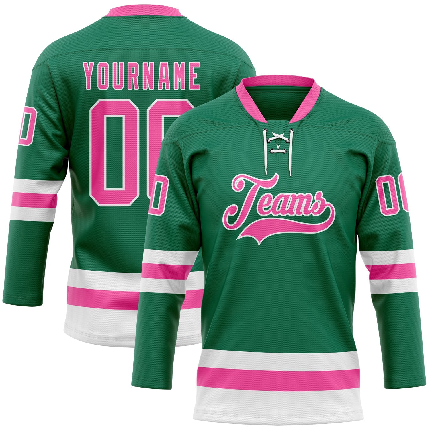 Custom Kelly Green Pink-White Hockey Lace Neck Jersey - Main View