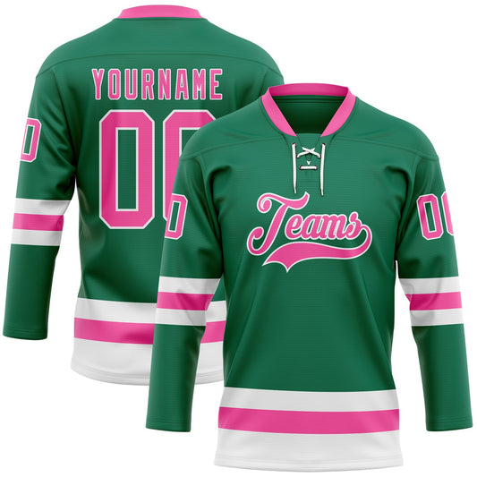 Custom Kelly Green Pink-White Hockey Lace Neck Jersey - Main View