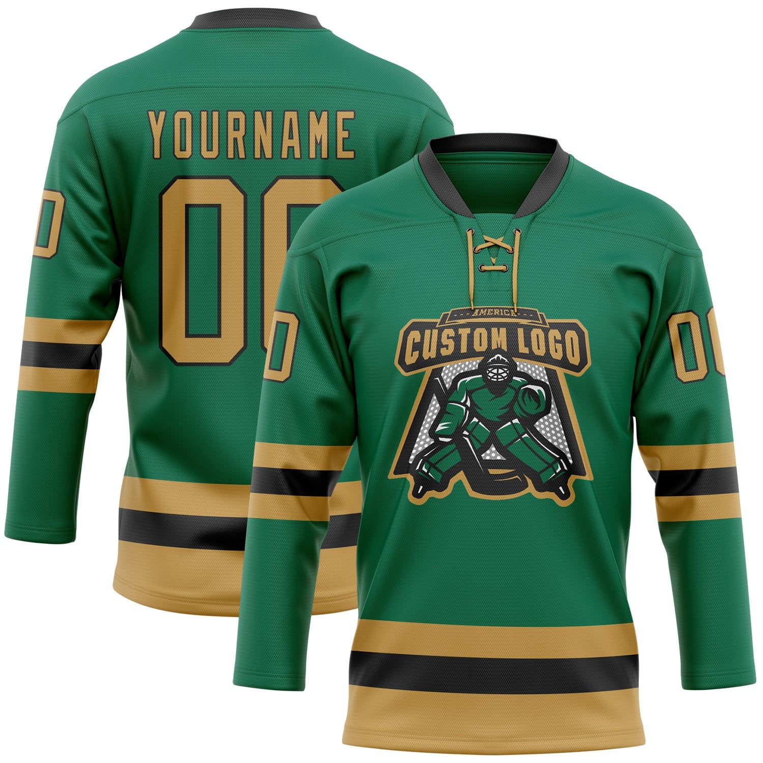 Custom Kelly Green Old Gold-Black Hockey Lace Neck Jersey view 2