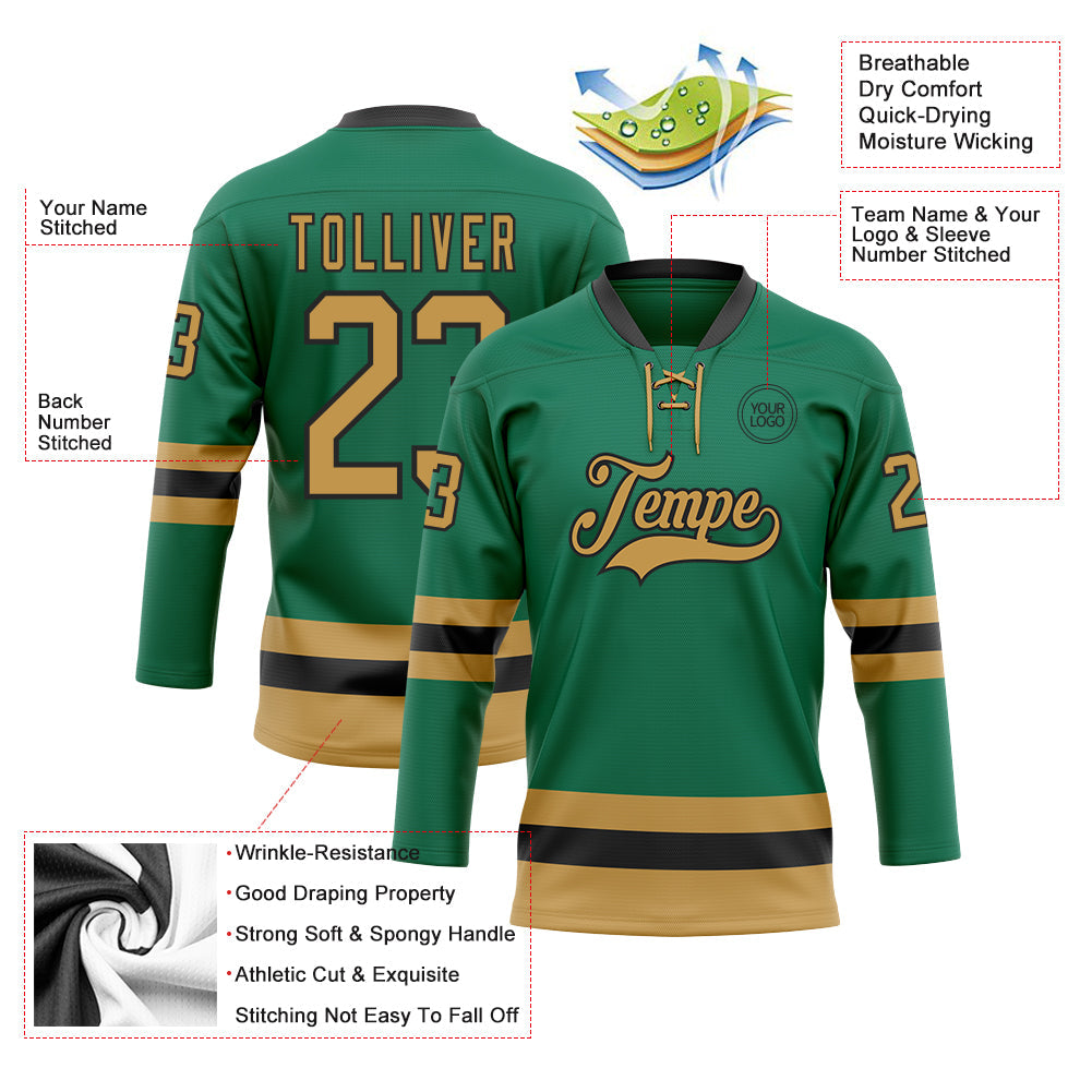 Custom Kelly Green Old Gold-Black Hockey Lace Neck Jersey view 3