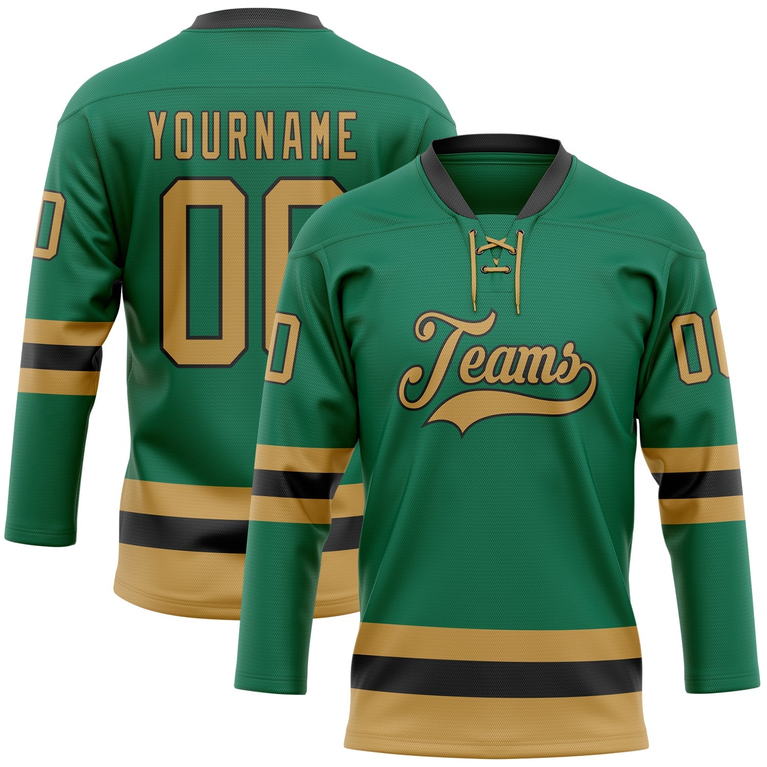 Custom Kelly Green Old Gold-Black Hockey Lace Neck Jersey - Main View