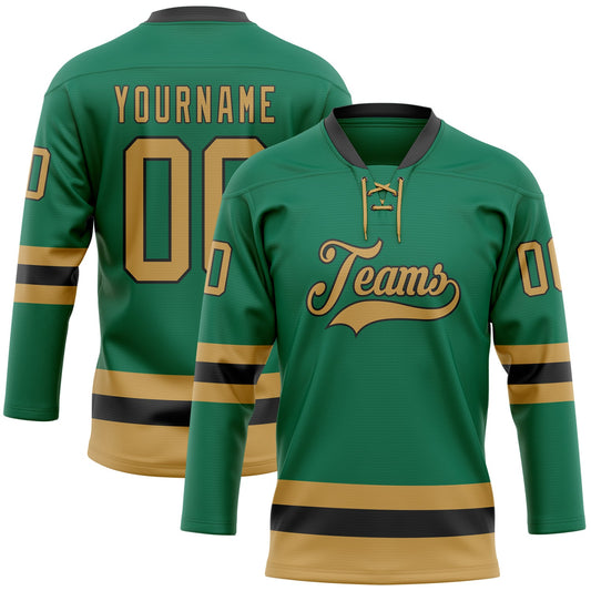 Custom Kelly Green Old Gold-Black Hockey Lace Neck Jersey - Main View