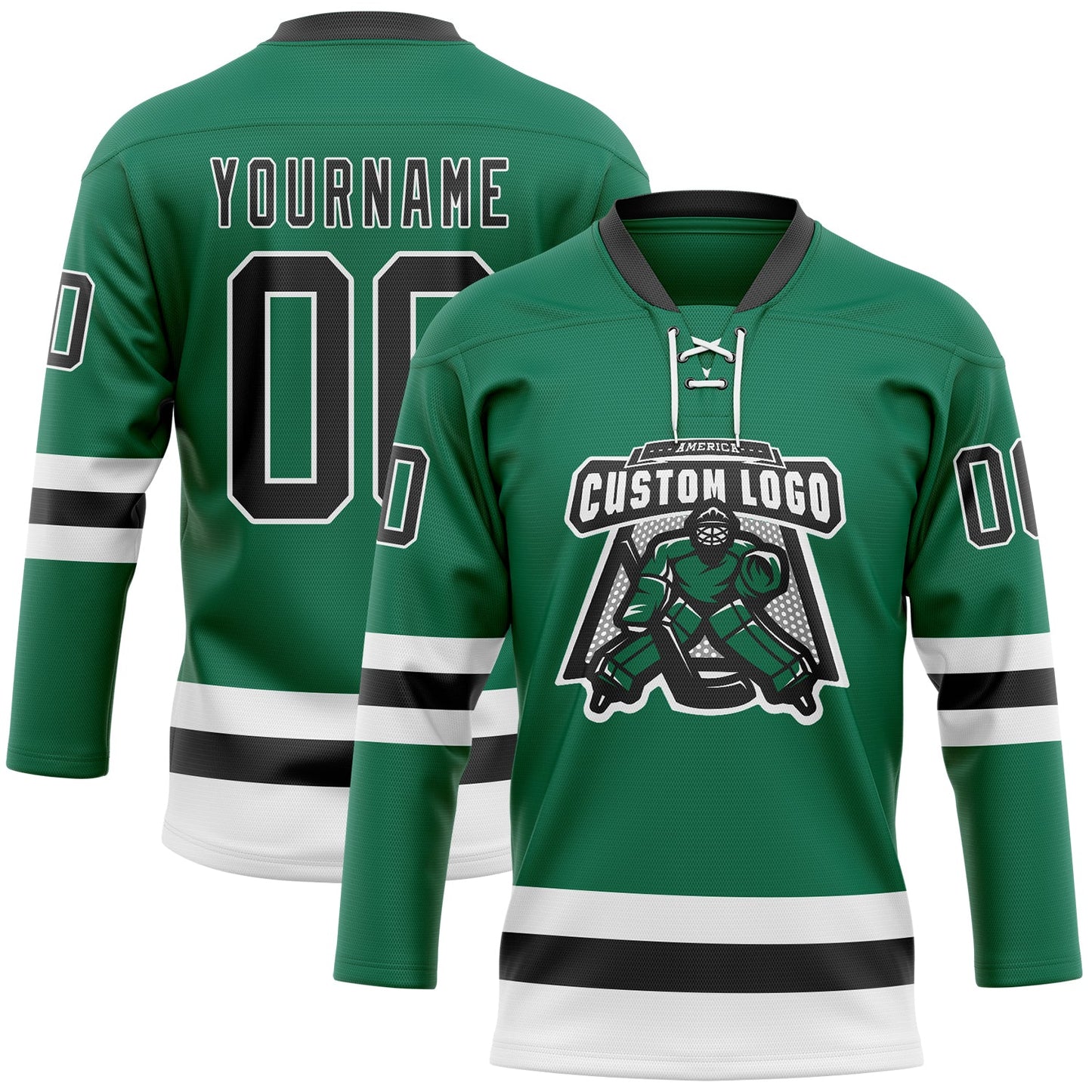 Custom Kelly Green Black-White Hockey Lace Neck Jersey view 2