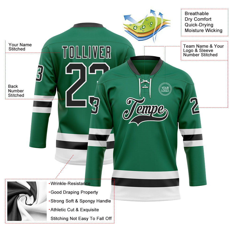 Custom Kelly Green Black-White Hockey Lace Neck Jersey view 3