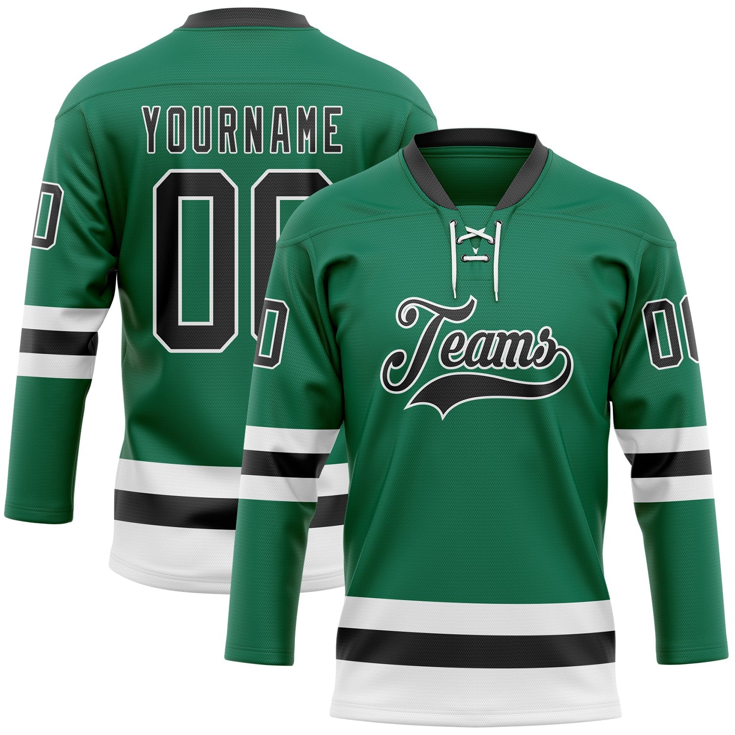 Custom Kelly Green Black-White Hockey Lace Neck Jersey - Main View