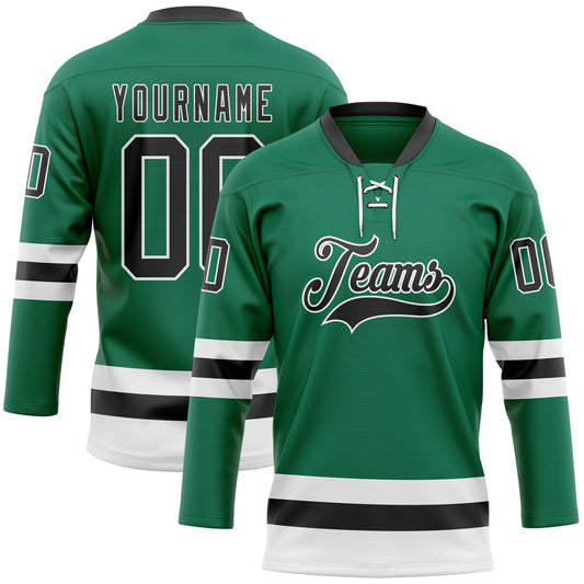 Custom Kelly Green Black-White Hockey Lace Neck Jersey - Main View