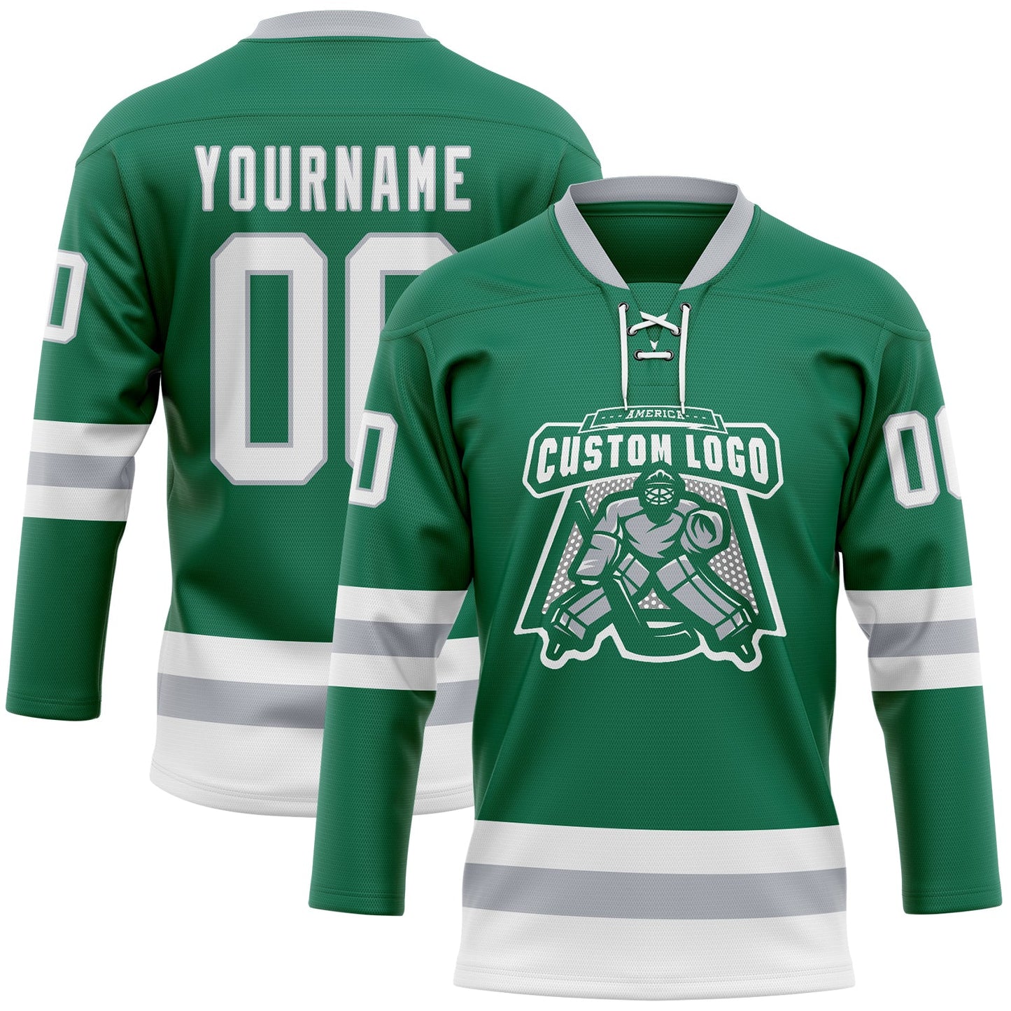 Custom Kelly Green White-Gray Hockey Lace Neck Jersey view 2