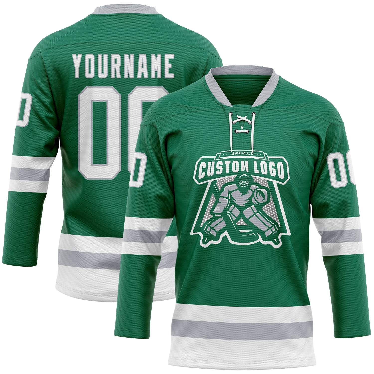Custom Kelly Green White-Gray Hockey Lace Neck Jersey view 2