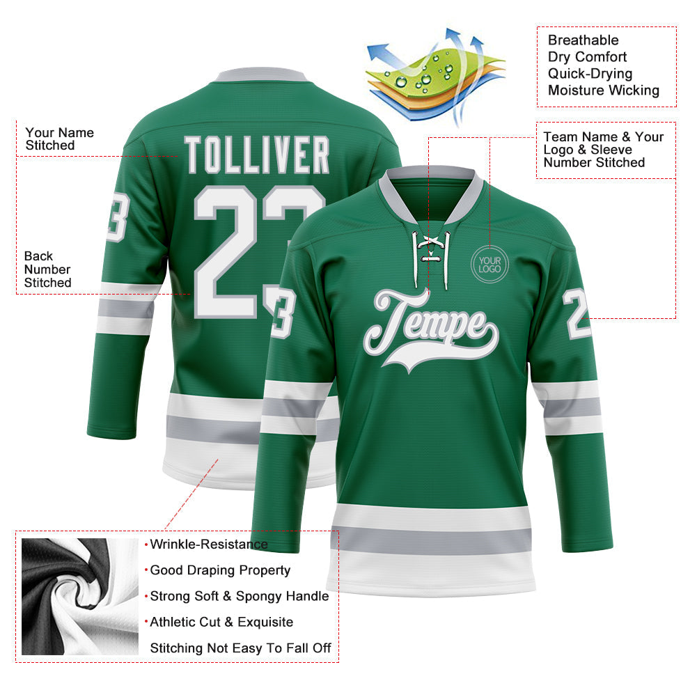 Custom Kelly Green White-Gray Hockey Lace Neck Jersey view 3