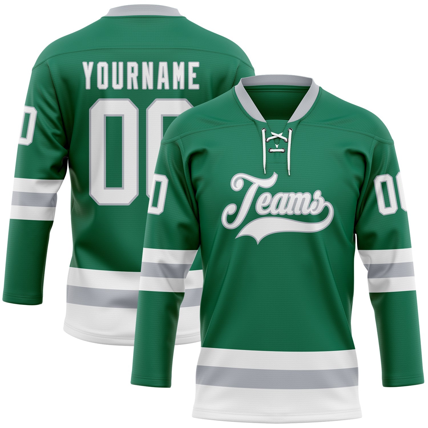 Custom Kelly Green White-Gray Hockey Lace Neck Jersey - Main View