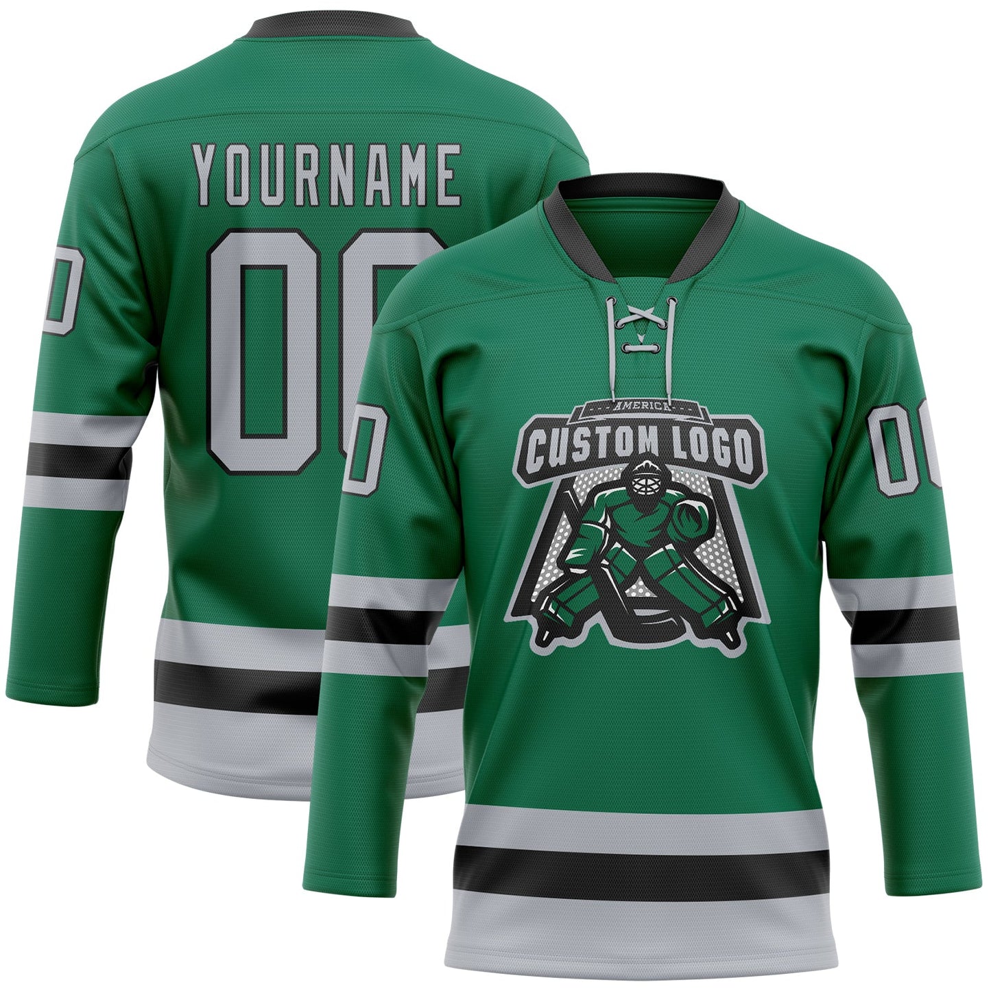 Custom Kelly Green Gray-Black Hockey Lace Neck Jersey view 2