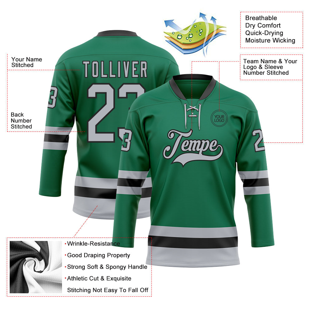 Custom Kelly Green Gray-Black Hockey Lace Neck Jersey view 3