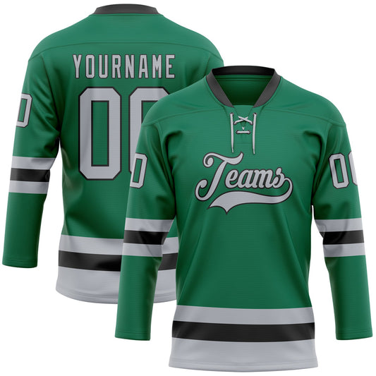 Custom Kelly Green Gray-Black Hockey Lace Neck Jersey - Main View
