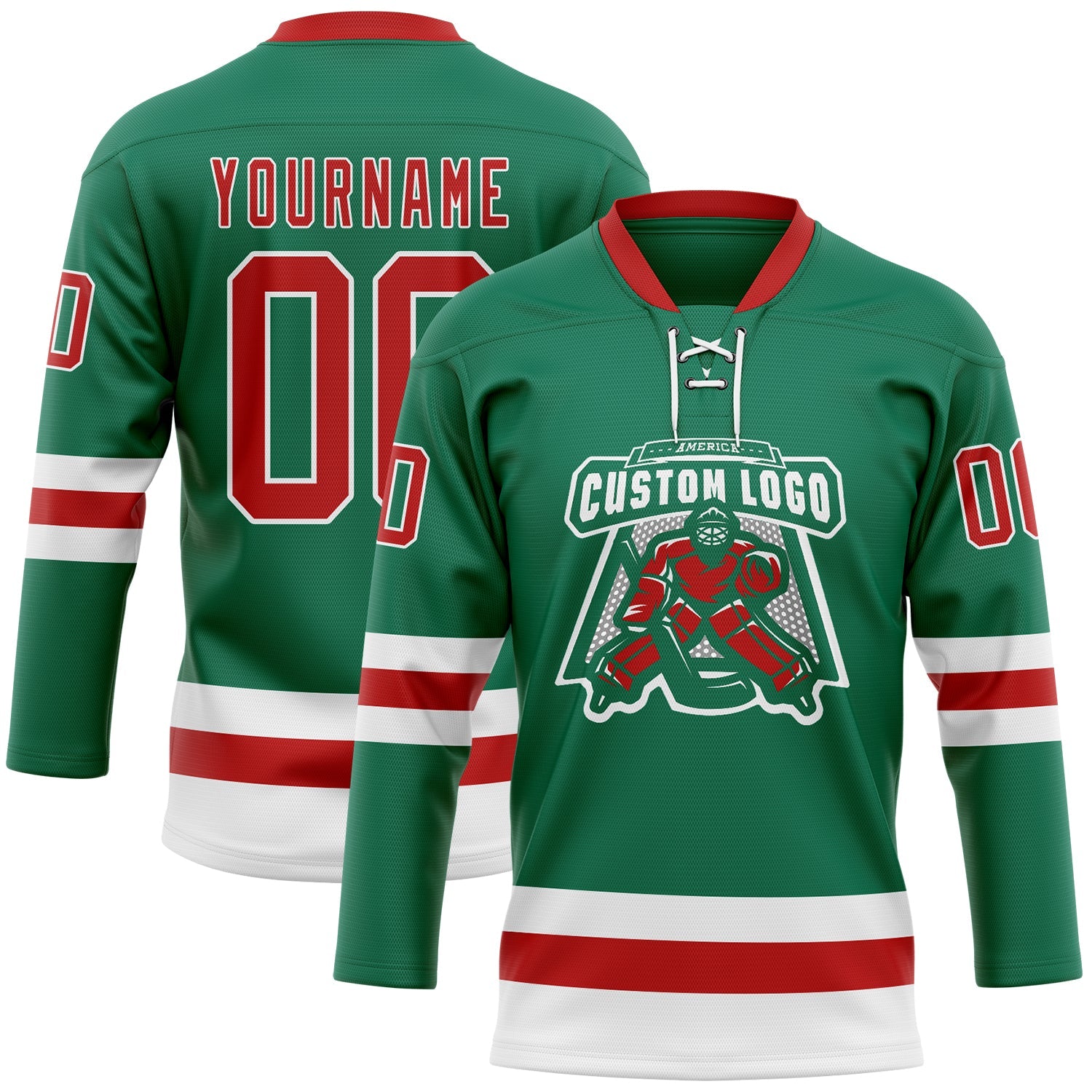 Custom Kelly Green Red-White Hockey Lace Neck Jersey view 2