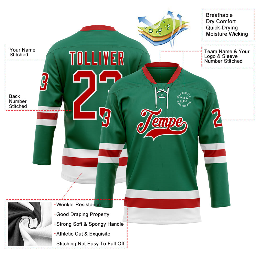 Custom Kelly Green Red-White Hockey Lace Neck Jersey view 3