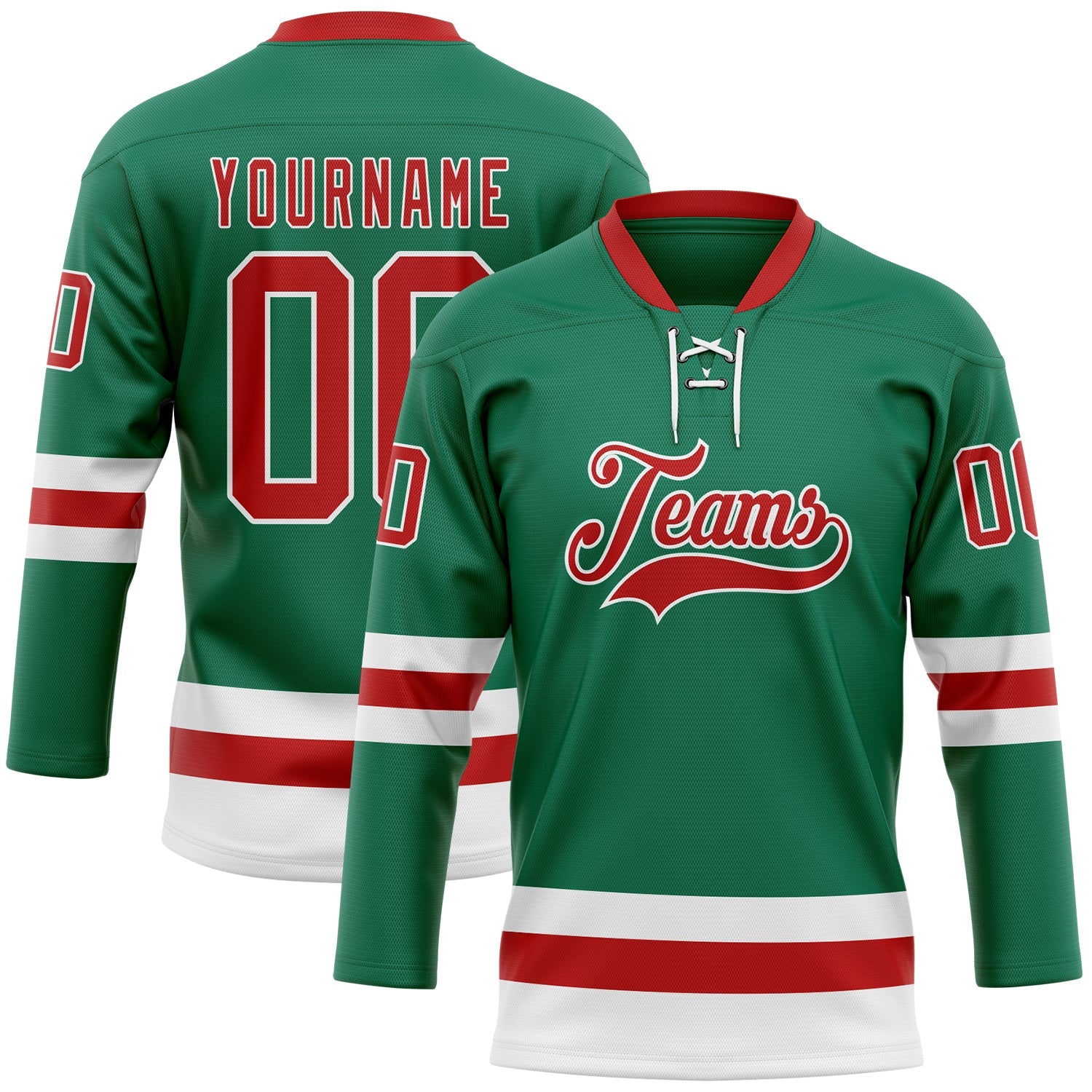 Custom Kelly Green Red-White Hockey Lace Neck Jersey - Main View