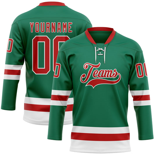 Custom Kelly Green Red-White Hockey Lace Neck Jersey - Main View