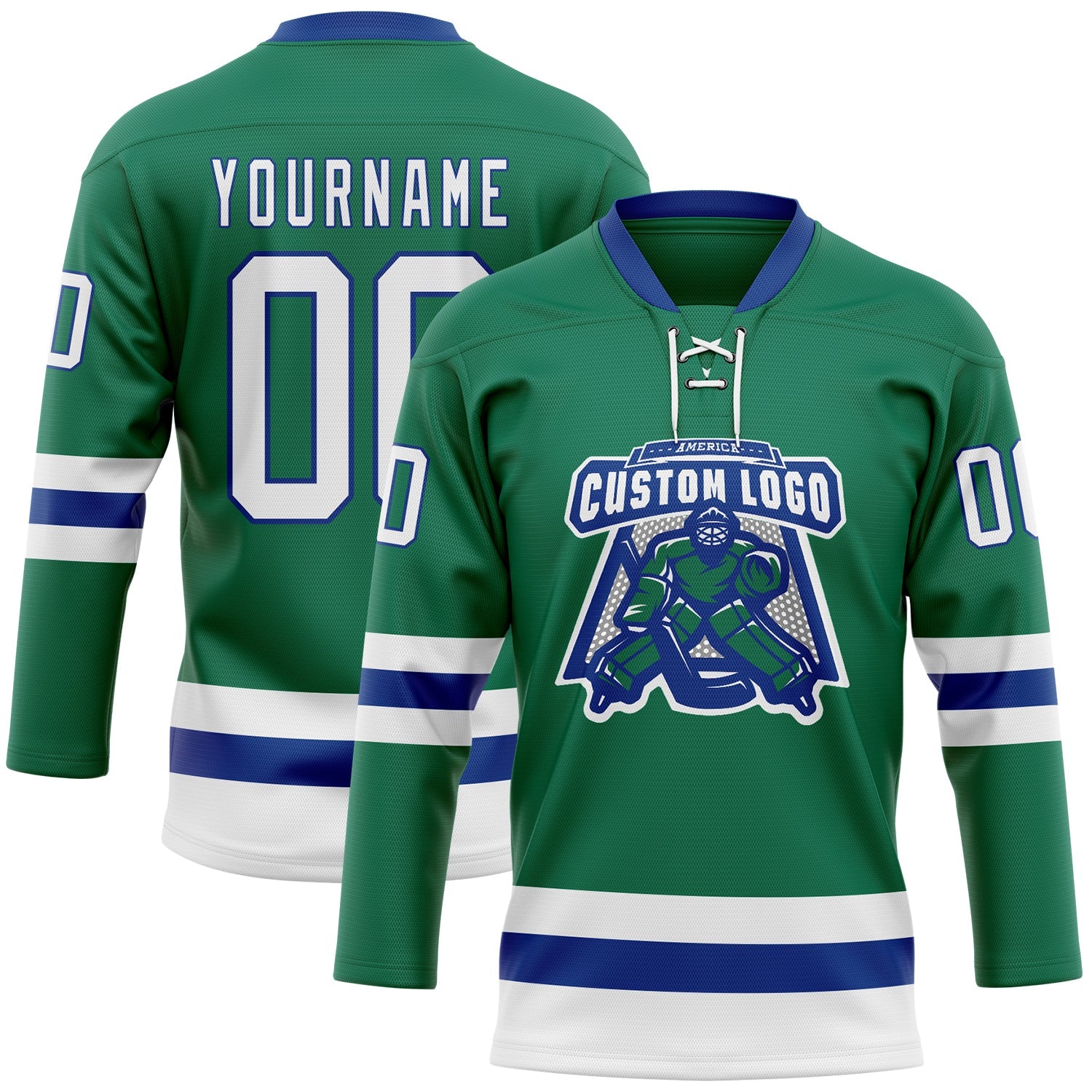 Custom Kelly Green White-Royal Hockey Lace Neck Jersey view 2