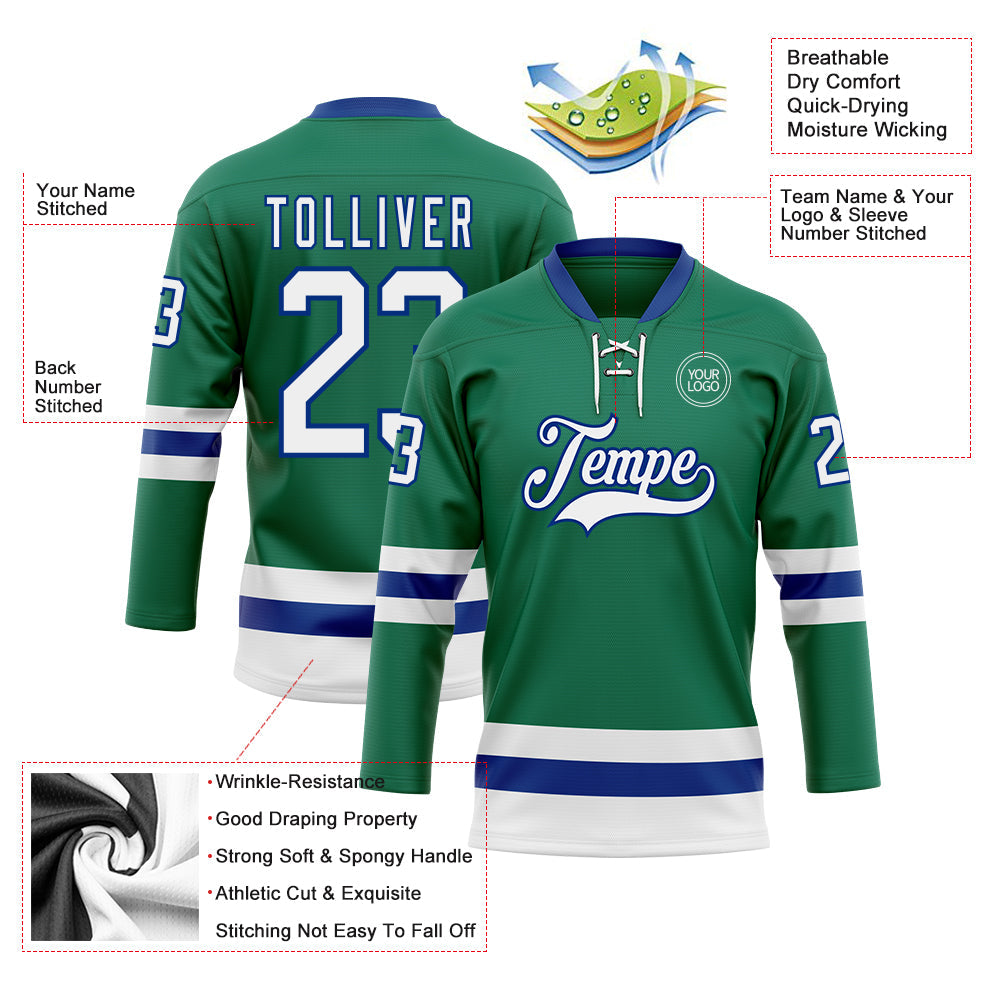 Custom Kelly Green White-Royal Hockey Lace Neck Jersey view 3