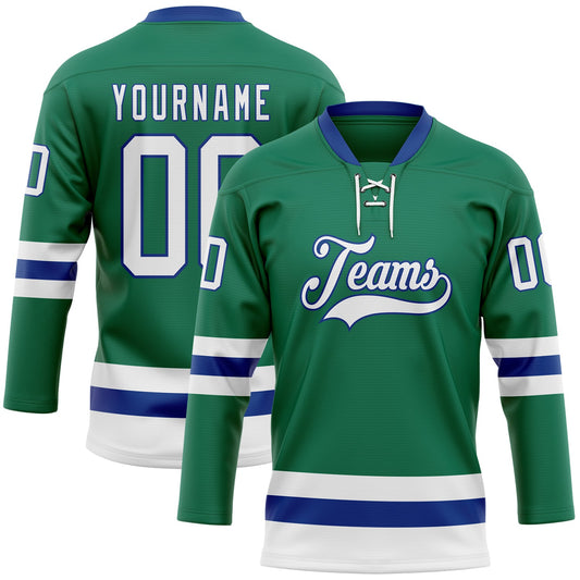 Custom Kelly Green White-Royal Hockey Lace Neck Jersey - Main View