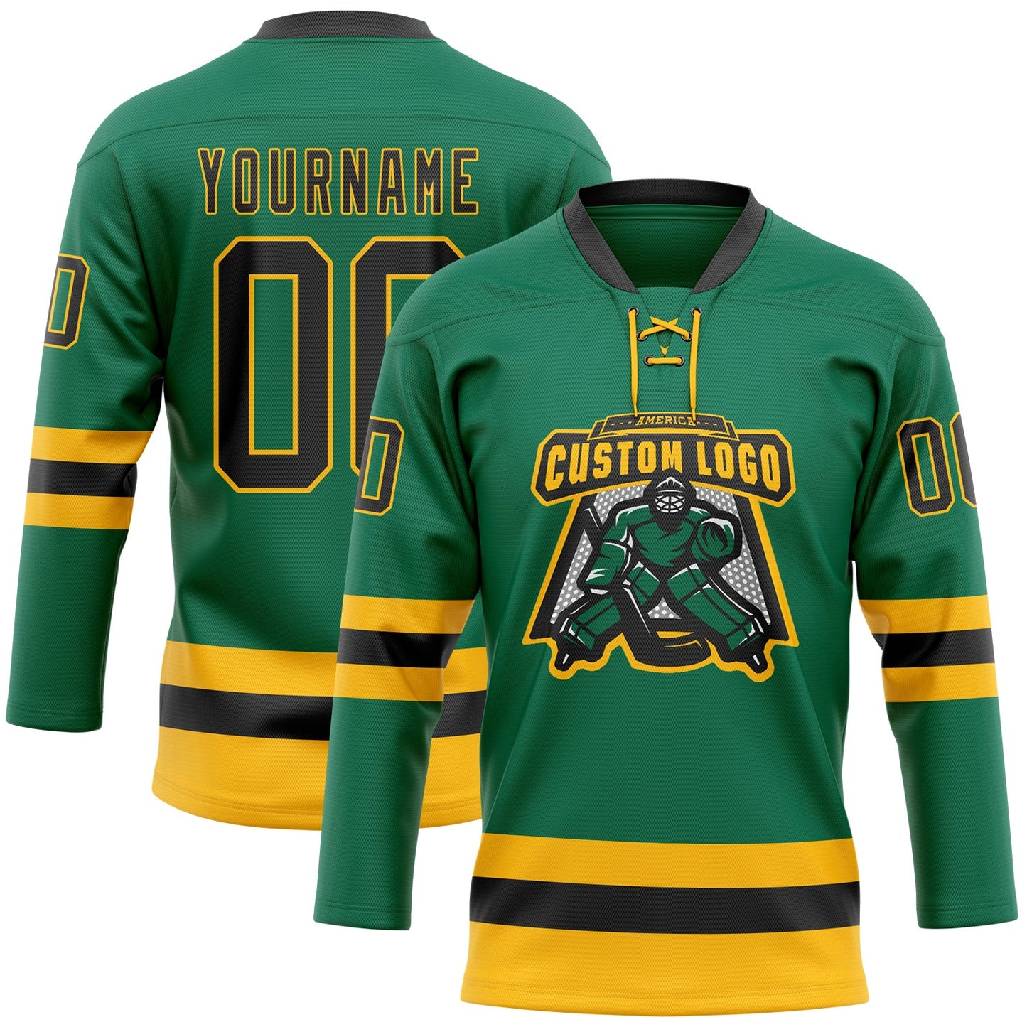Custom Kelly Green Black-Gold Hockey Lace Neck Jersey view 2
