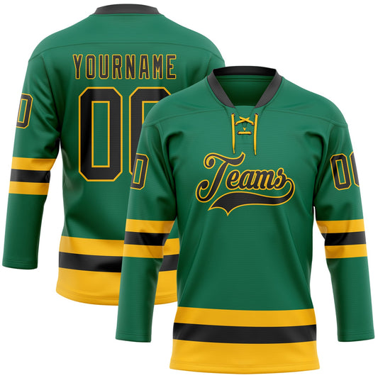 Custom Kelly Green Black-Gold Hockey Lace Neck Jersey - Main View