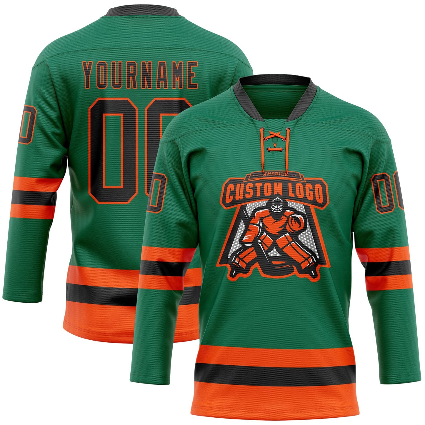 Custom Kelly Green Black-Orange Hockey Lace Neck Jersey view 2