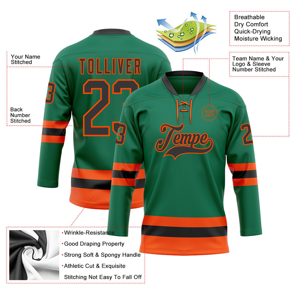 Custom Kelly Green Black-Orange Hockey Lace Neck Jersey view 3