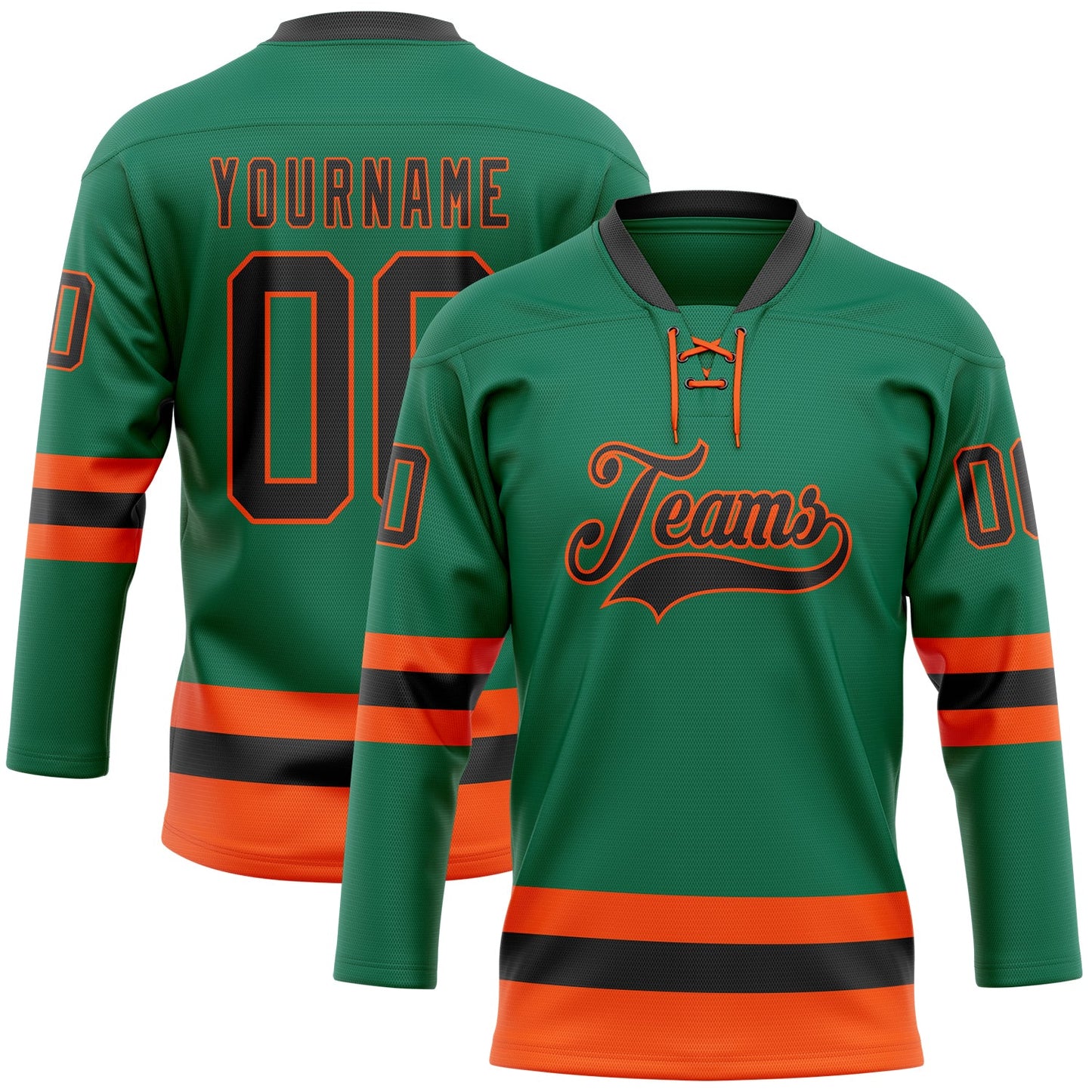 Custom Kelly Green Black-Orange Hockey Lace Neck Jersey - Main View