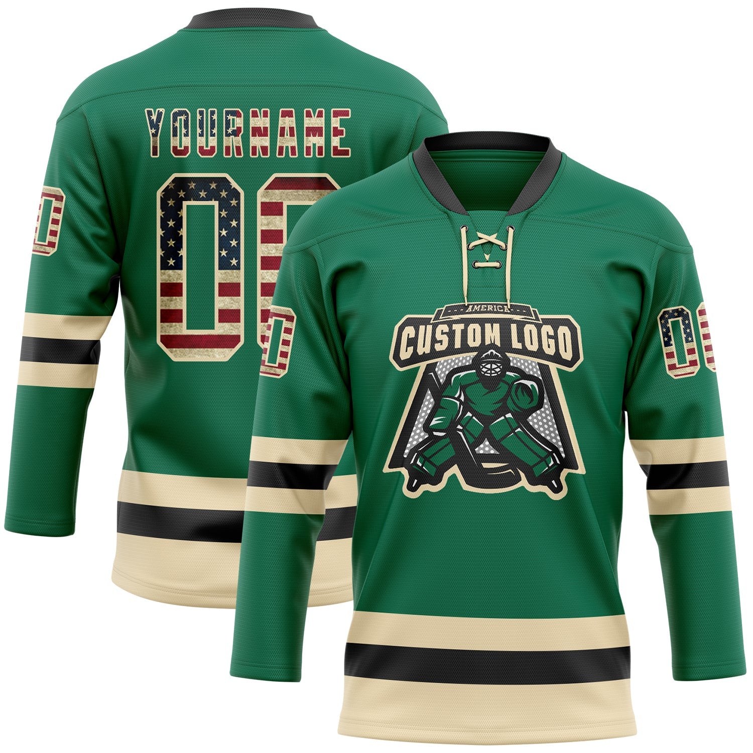 Custom Kelly Green Vintage USA Flag Cream-Black Hockey Lace Neck Jersey view 2