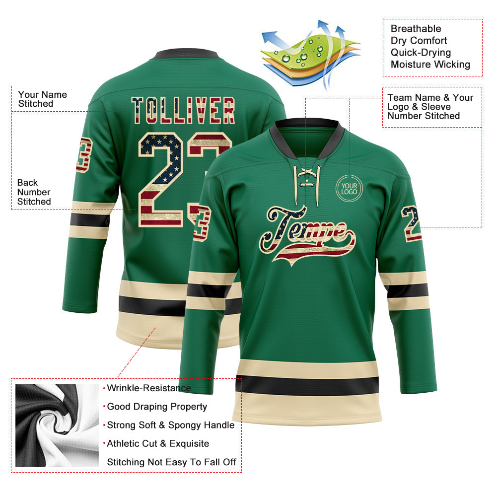 Custom Kelly Green Vintage USA Flag Cream-Black Hockey Lace Neck Jersey view 3