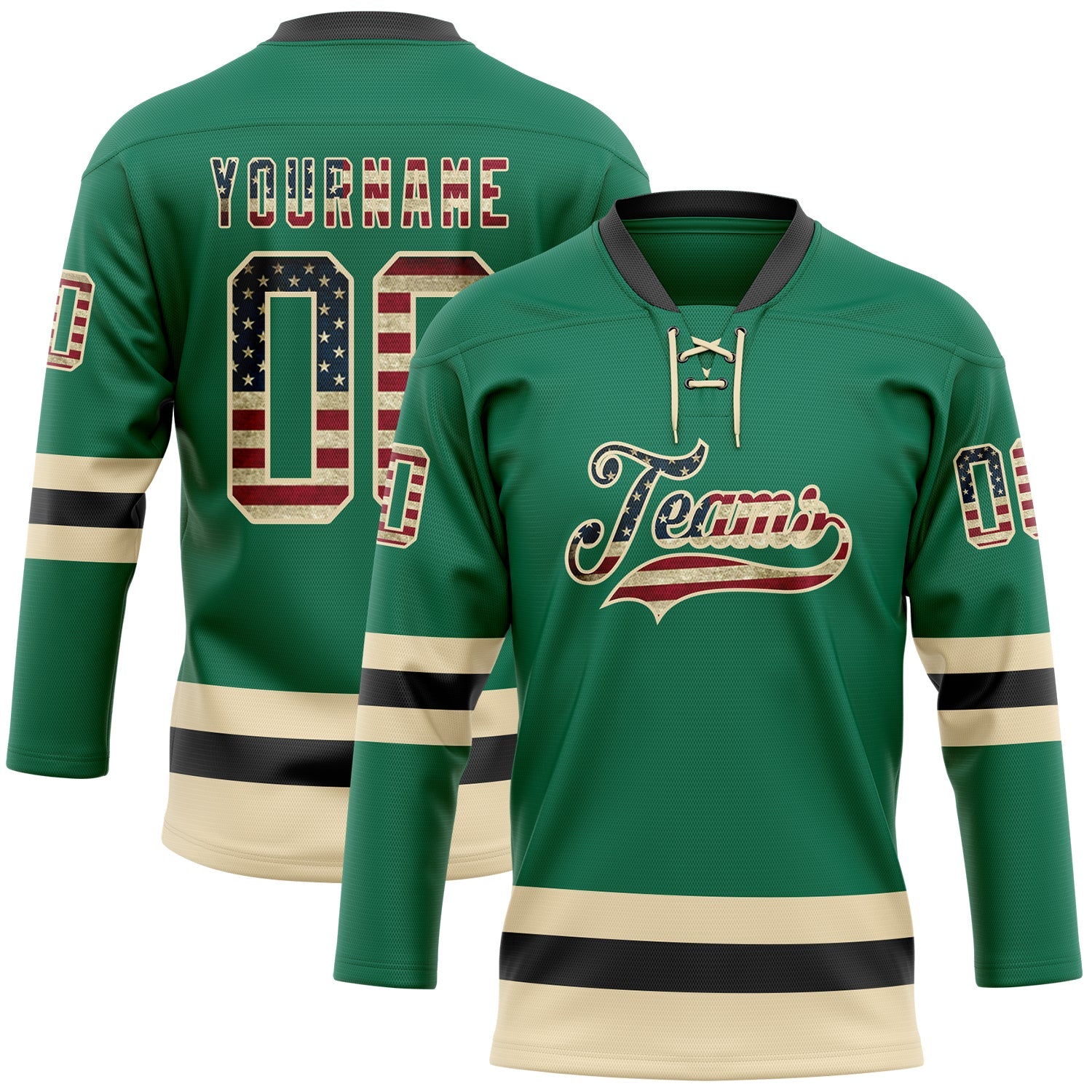 Custom Kelly Green Vintage USA Flag Cream-Black Hockey Lace Neck Jersey - Main View