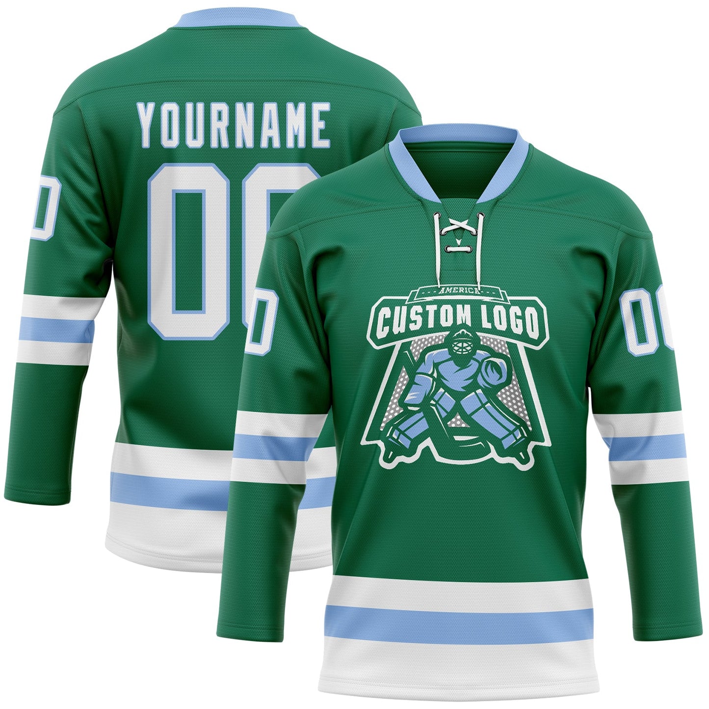 Custom Kelly Green White-Light Blue Hockey Lace Neck Jersey view 2