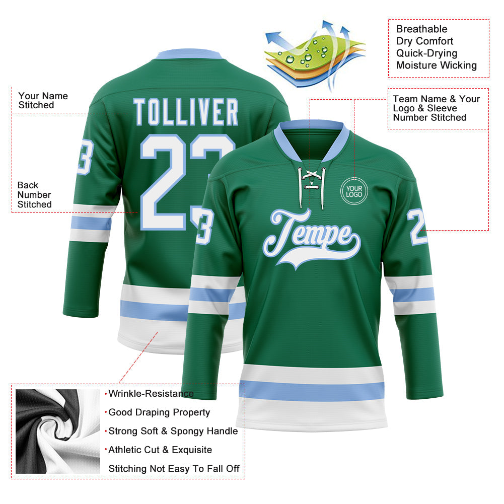 Custom Kelly Green White-Light Blue Hockey Lace Neck Jersey view 3