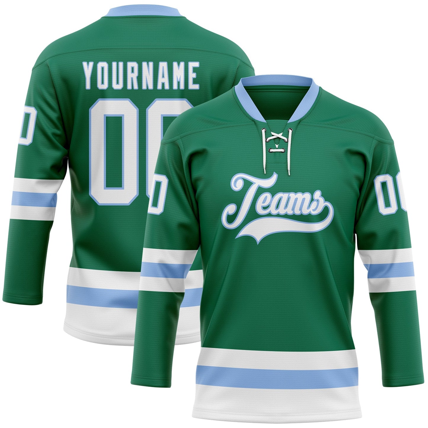 Custom Kelly Green White-Light Blue Hockey Lace Neck Jersey - Main View