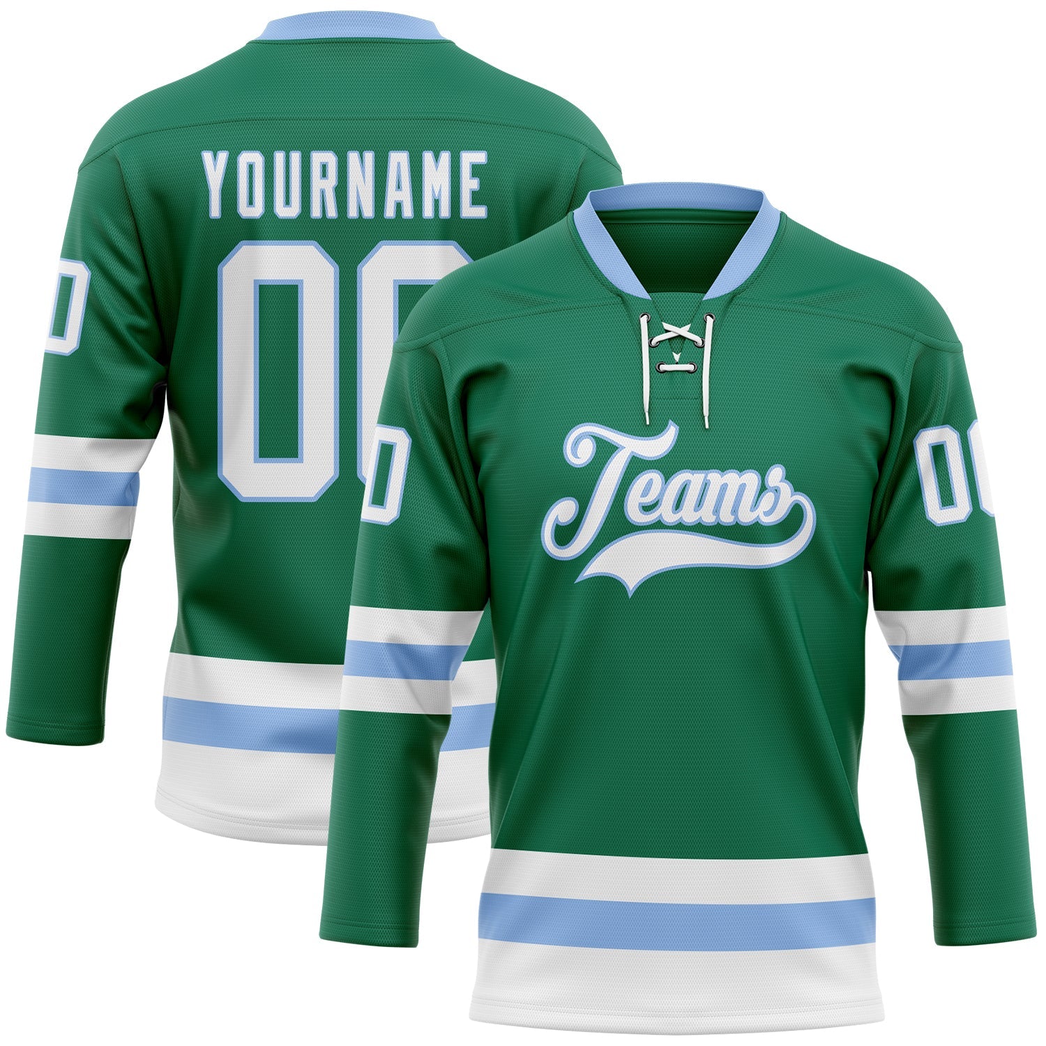 Custom Kelly Green White-Light Blue Hockey Lace Neck Jersey - Main View
