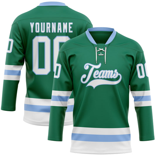Custom Kelly Green White-Light Blue Hockey Lace Neck Jersey - Main View