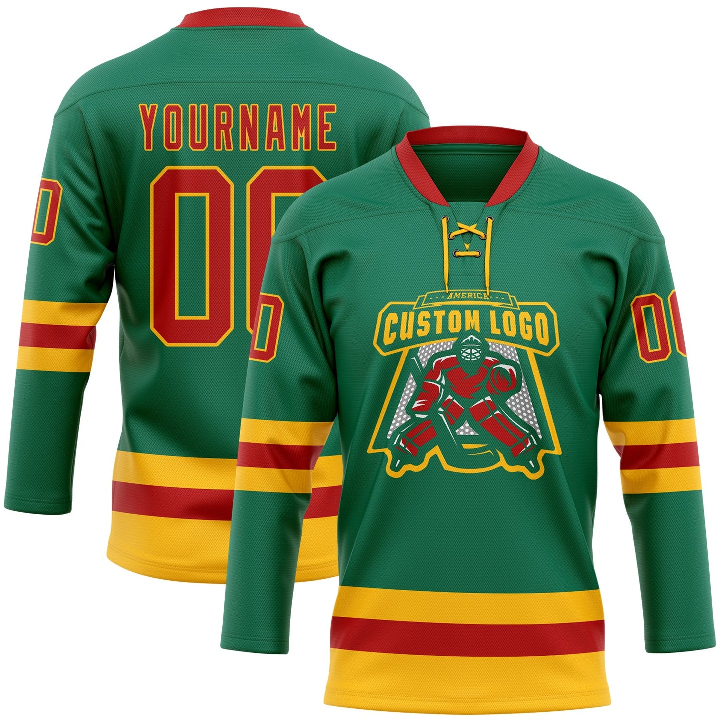 Custom Kelly Green Red-Gold Hockey Lace Neck Jersey view 2