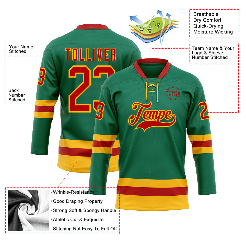 Custom Kelly Green Red-Gold Hockey Lace Neck Jersey view 3