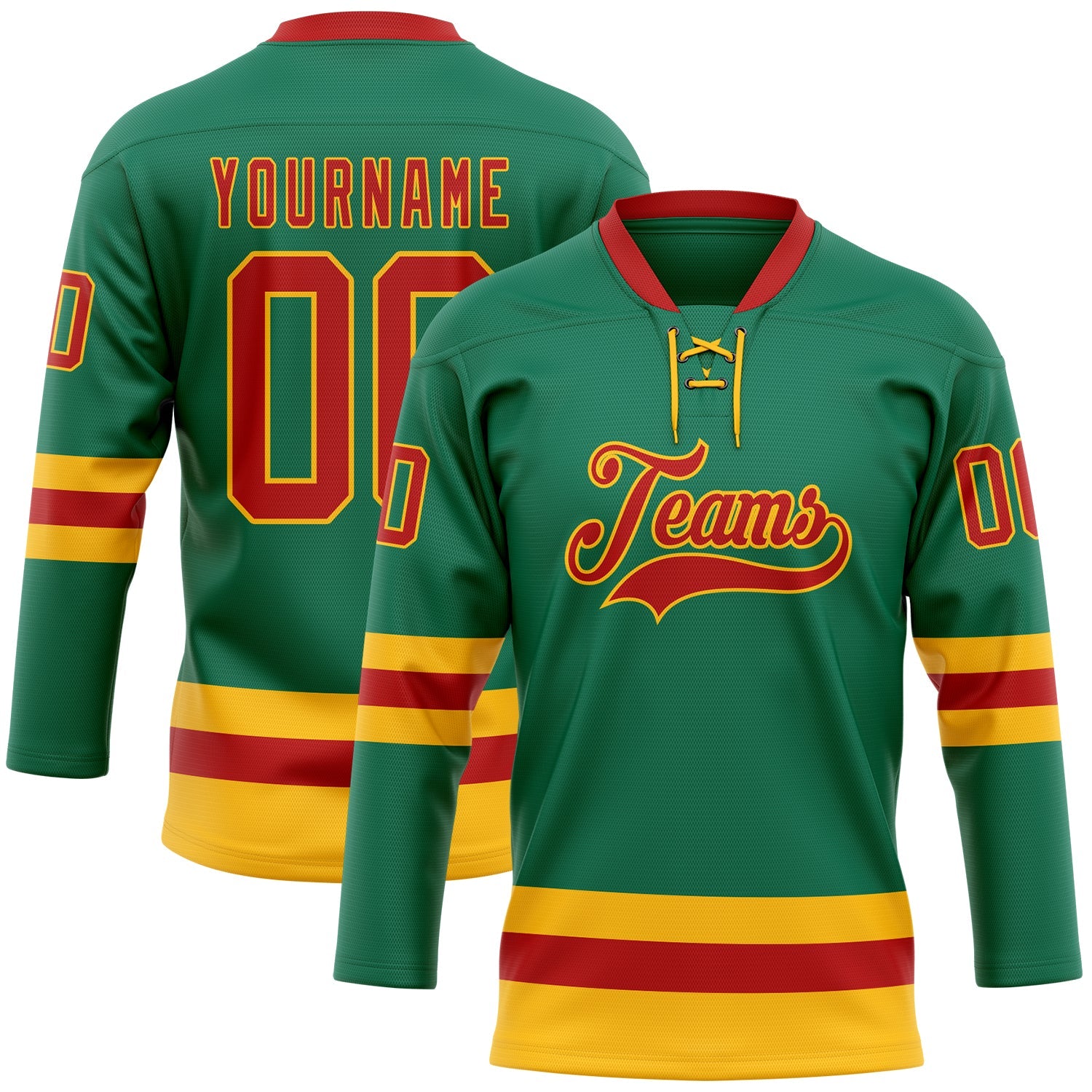 Custom Kelly Green Red-Gold Hockey Lace Neck Jersey - Main View