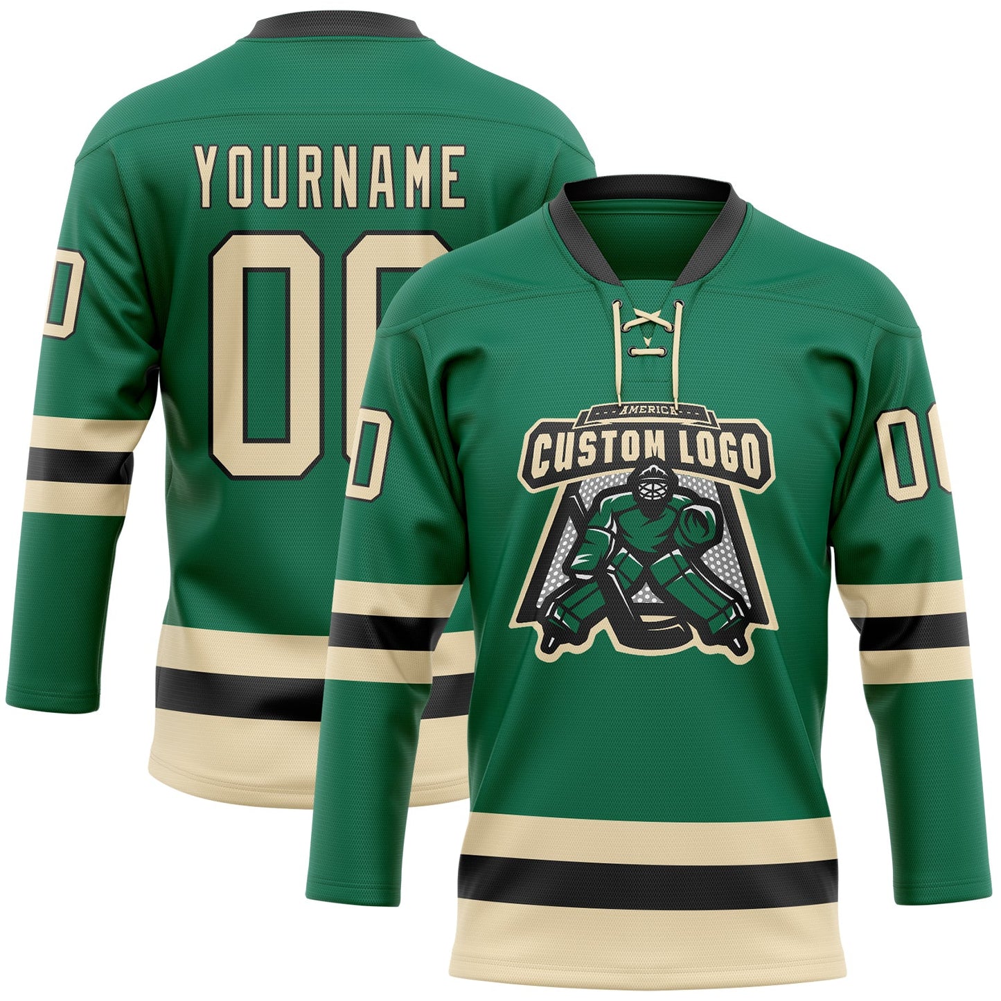 Custom Kelly Green Cream-Black Hockey Lace Neck Jersey view 2