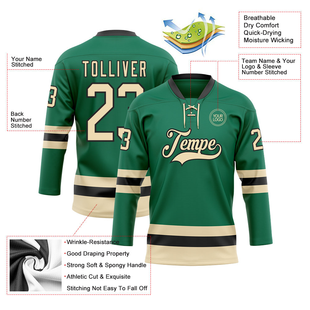Custom Kelly Green Cream-Black Hockey Lace Neck Jersey view 3