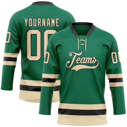 Custom Kelly Green Cream-Black Hockey Lace Neck Jersey - Main View