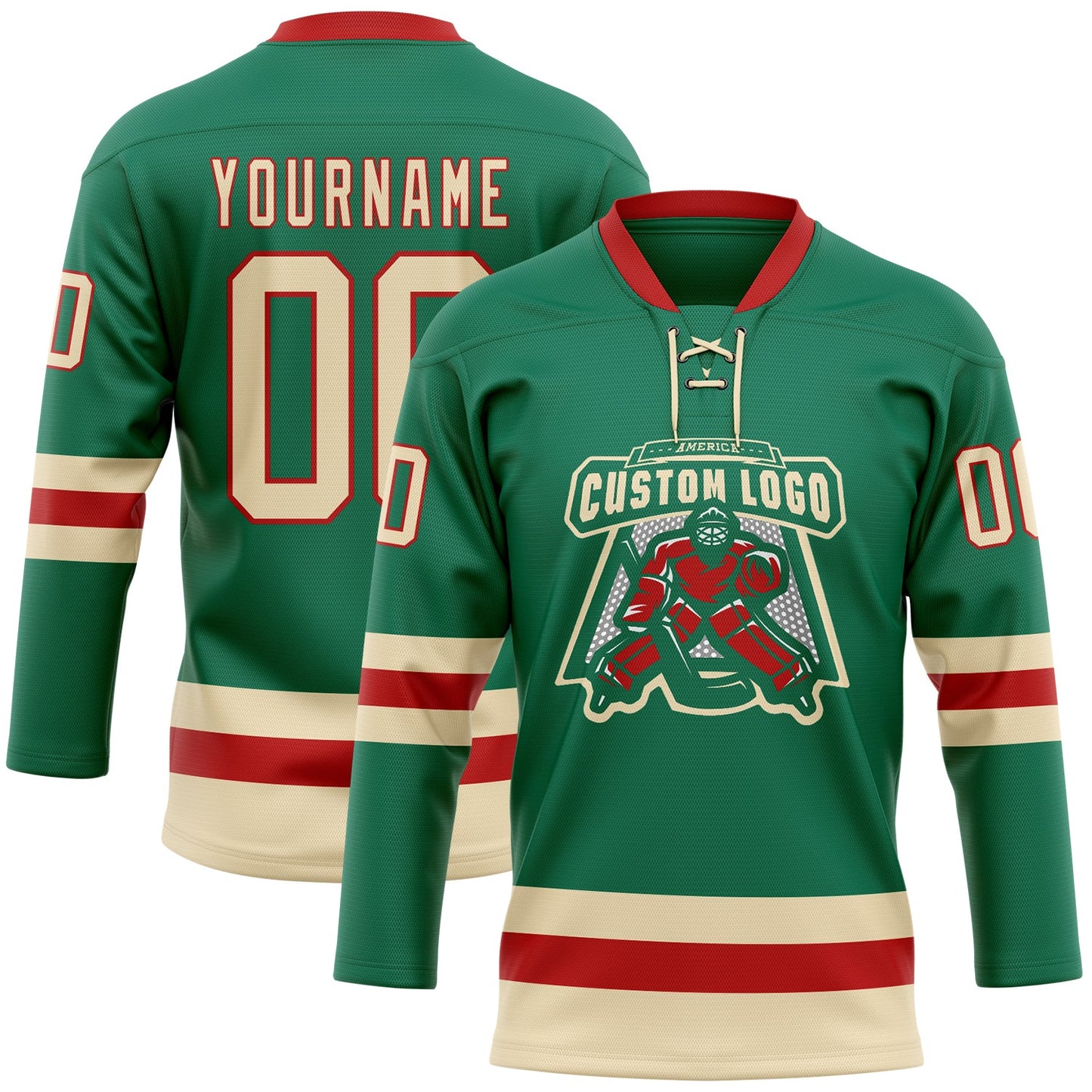 Custom Kelly Green Cream-Red Hockey Lace Neck Jersey view 2